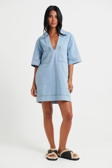 Rhythm Mini Denim Dress Sky Blue