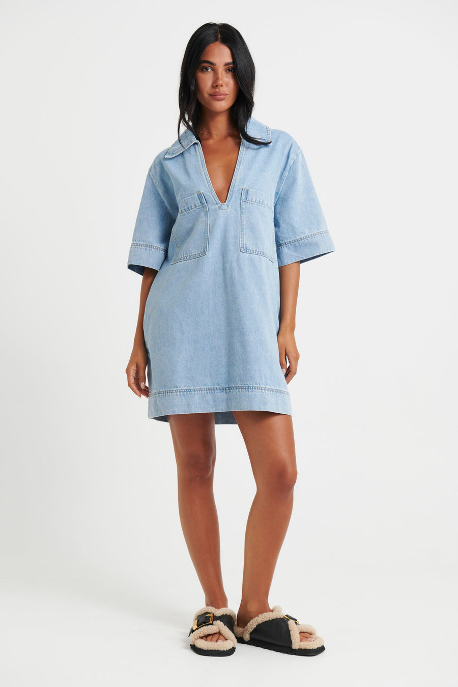 Rhythm Mini Denim Dress Sky Blue