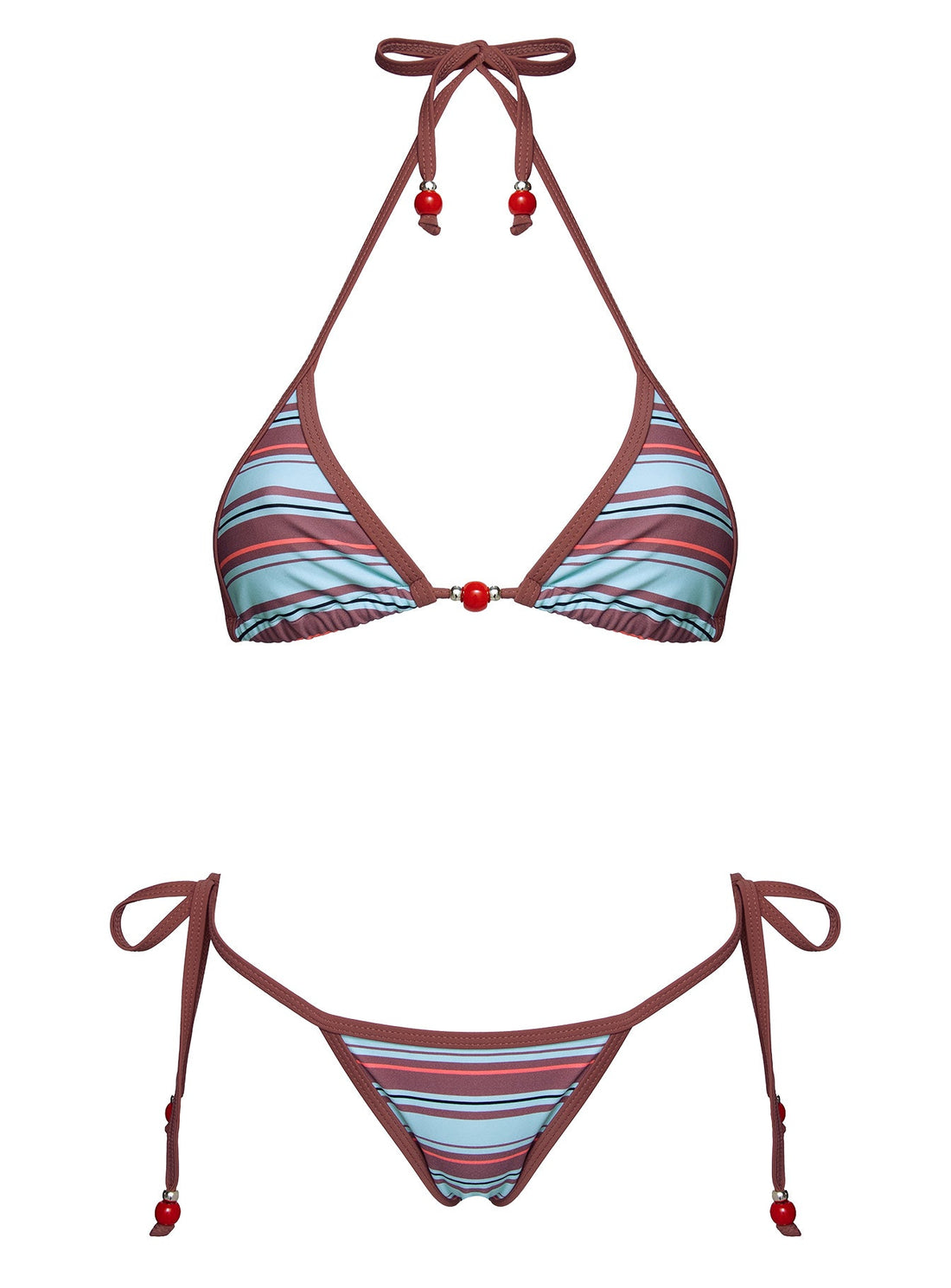 Mikaya Beaded Triangle Bikini Top Blue / Brown Stripe