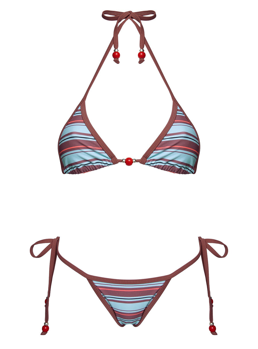 Mikaya Beaded Tie Side Bikini Bottoms Blue / Brown Stripe