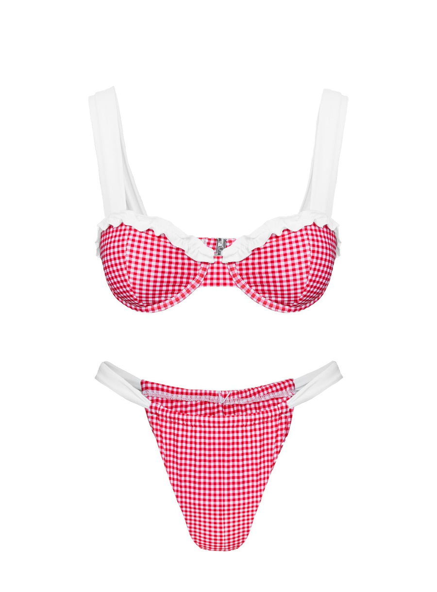 Summer Season Ruched Side Bikini Bottoms Red Gingham
